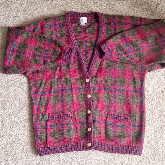 Vintage 80s Hastings & Smith Wool Blend Plaid Cardigan Sweater Red Green Size 2X - Picture 5 of 6